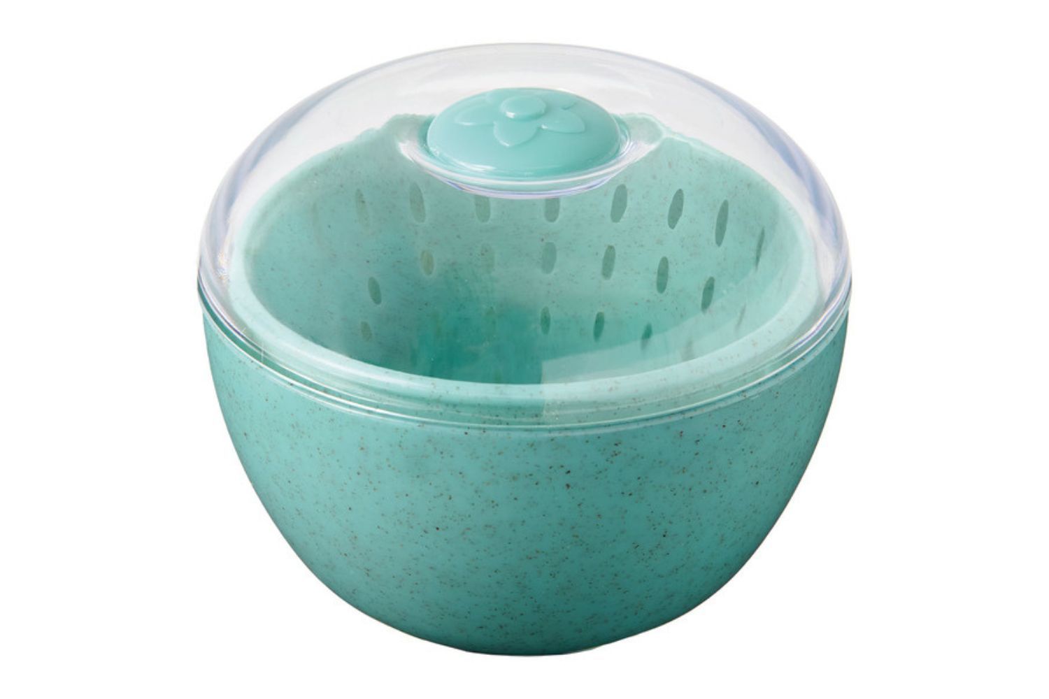 A teal storage container with a transparent lid designed for keeping berries fresh featuring ventilation holes