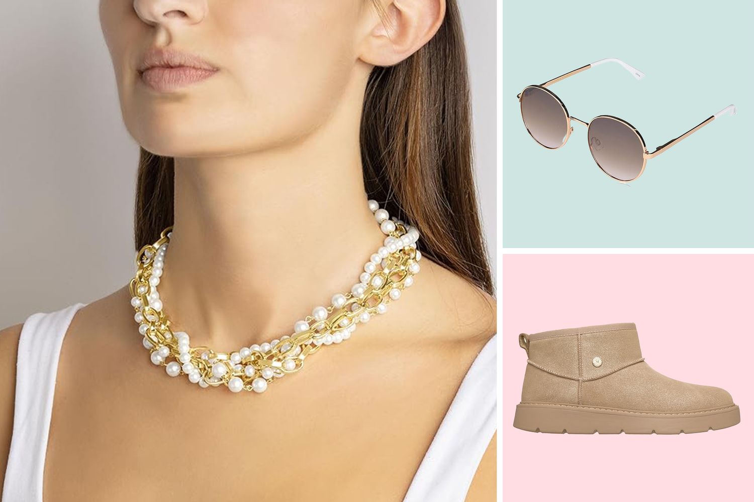 A woman wearing a pearl and gold necklace next to images of sunglasses and beige ankle boots