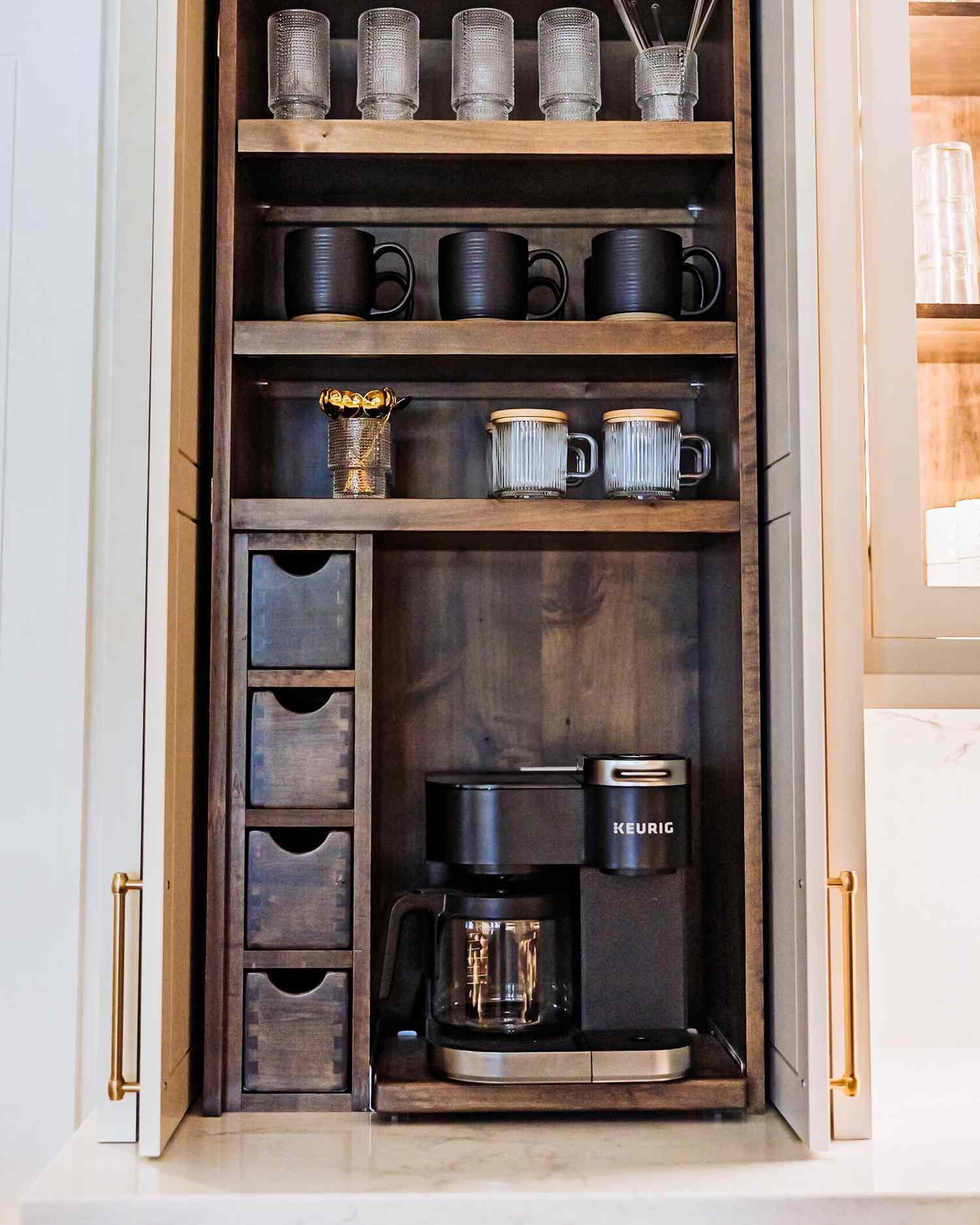 vertical appliance garage for coffee and drinks in kitchen