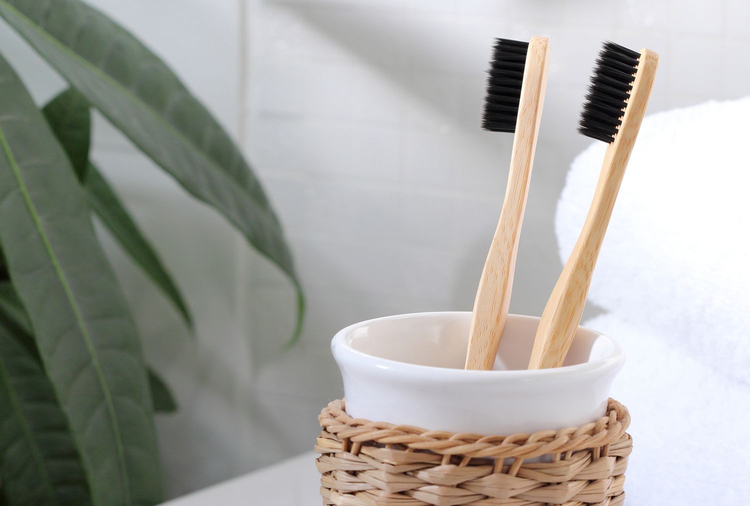 Two toothbrushes in a ceramic container with a wicker holder placed on a bathroom counter with a towel and plant nearby