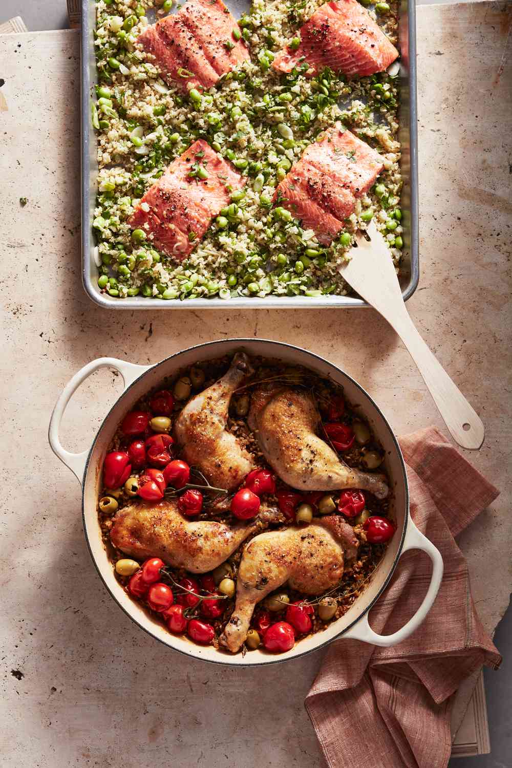 braised chicken with tomatoes and freekeh served in a casserole dish