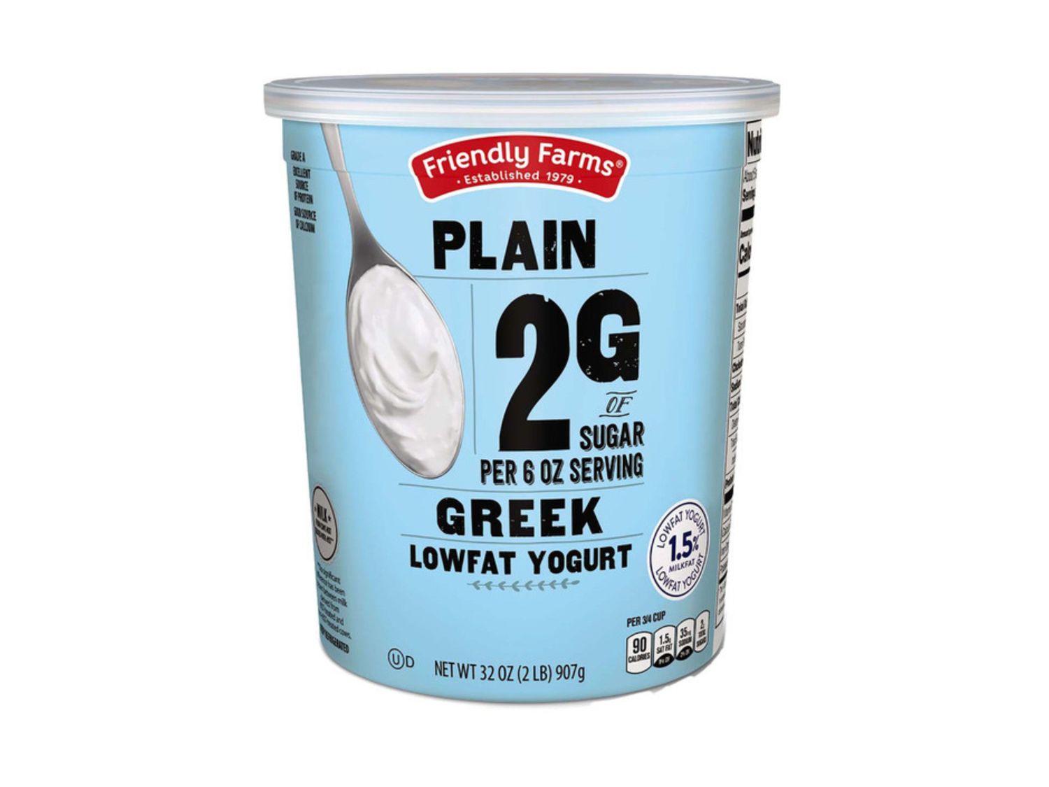 Container of Friendly Farms plain Greek lowfat yogurt labeled with nutritional information