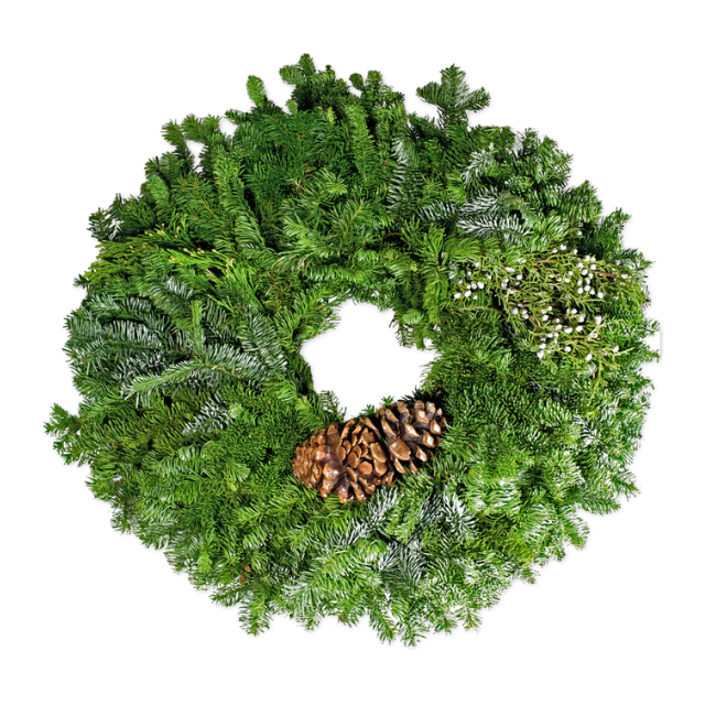 A wreath made of greenery with pine cones and small decorations
