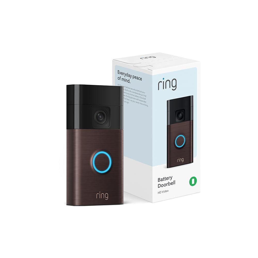 A Ring video doorbell placed next to its labeled packaging