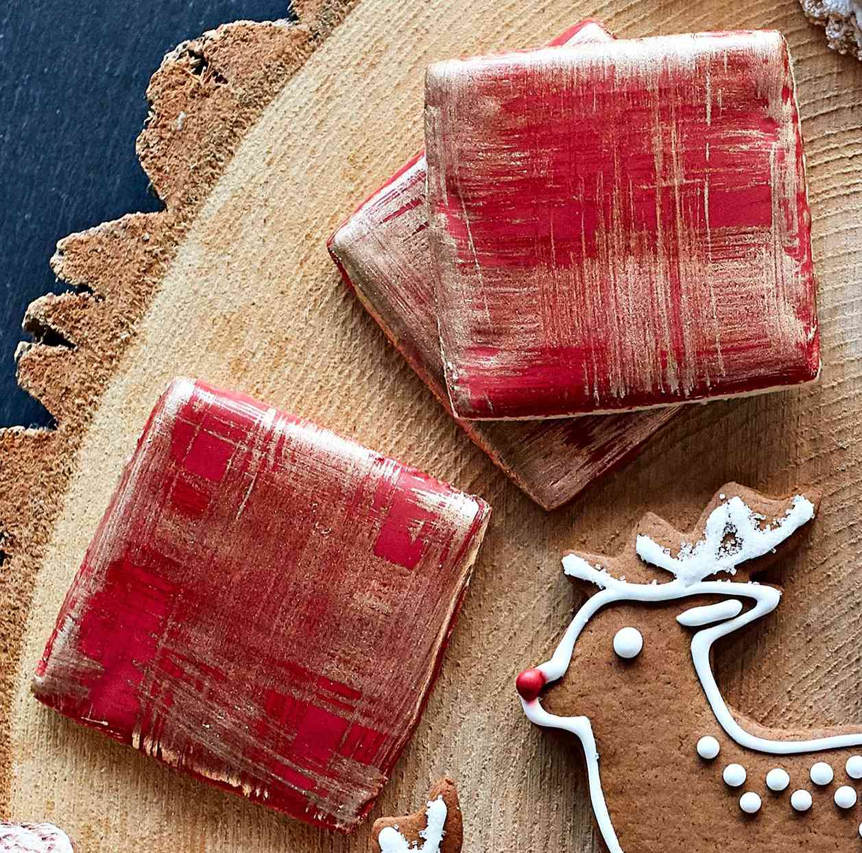 shining red, white, and green squares sugar cookies