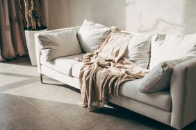 A sofa with cushions and a blanket draped over it in a sunlit room