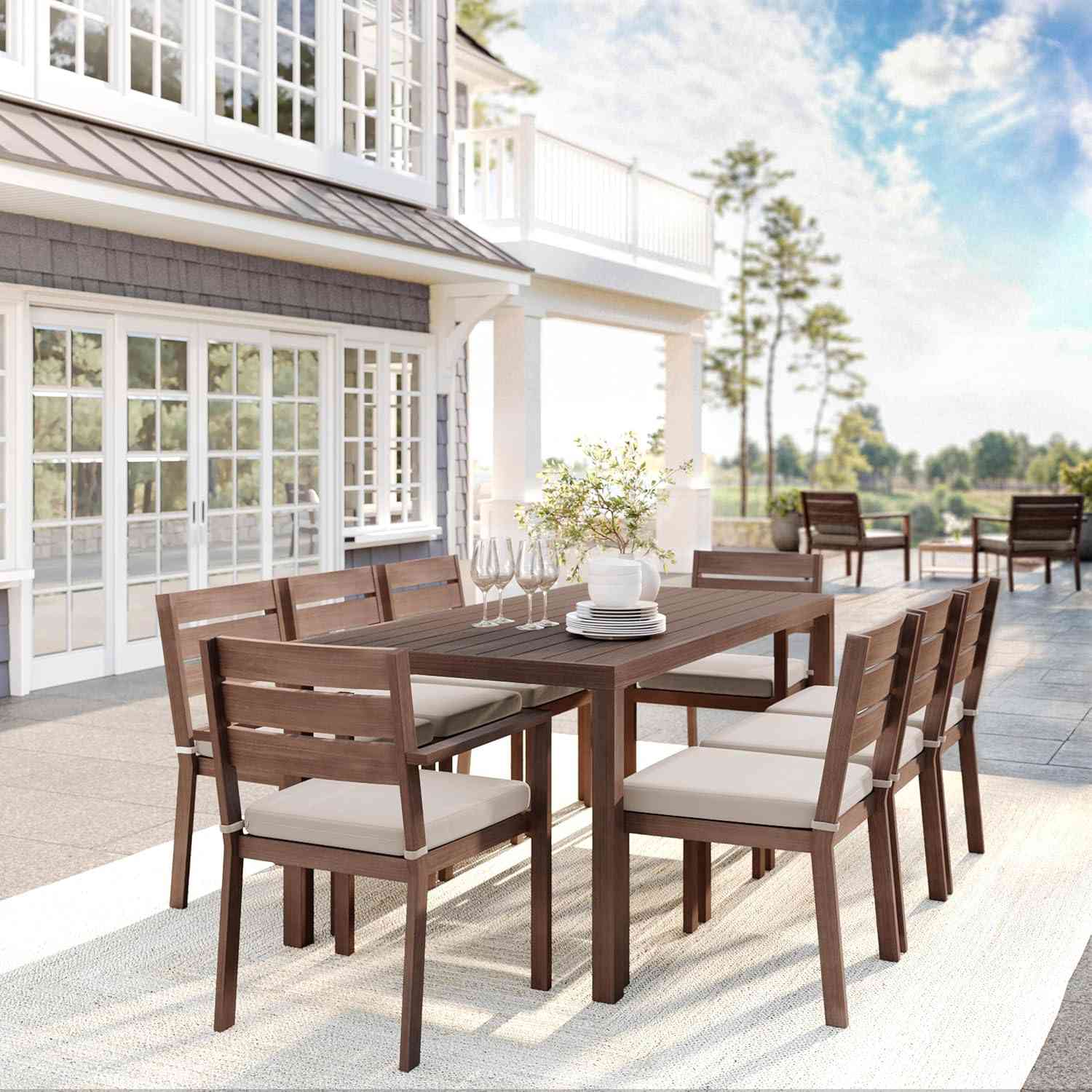 Brown outdoor patio table and chairs