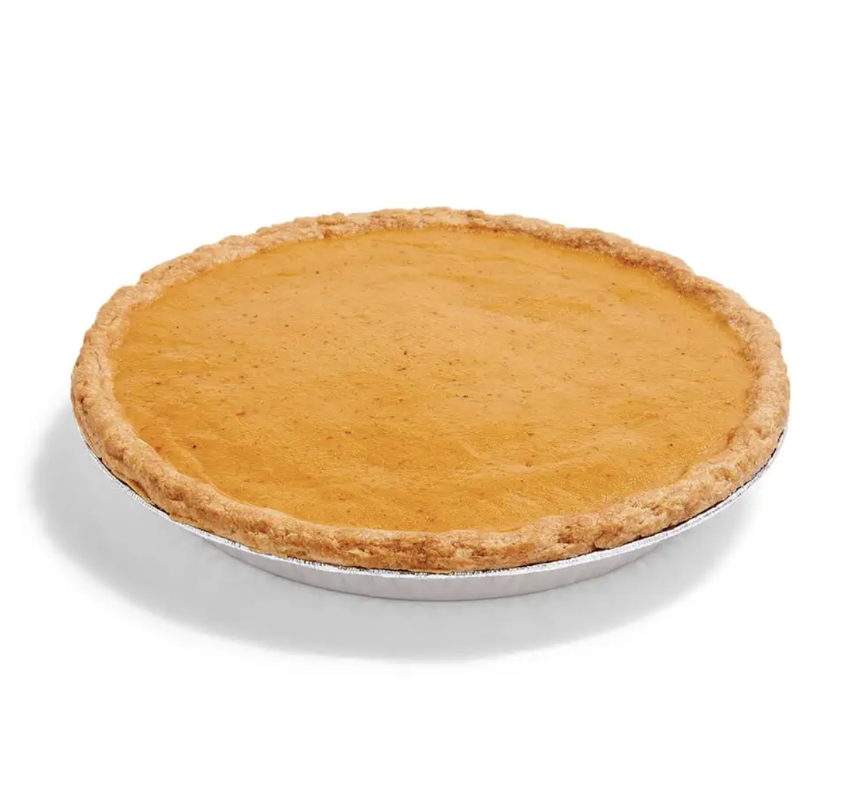 A pumpkin pie in a crust on a white background
