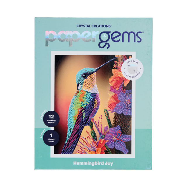Packaged craft kit for creating a hummingbird design with gemstones titled Hummingbird Joy by Paper Gems