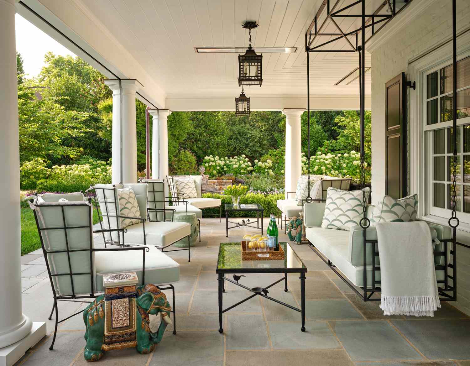 covered patio with layered seating
