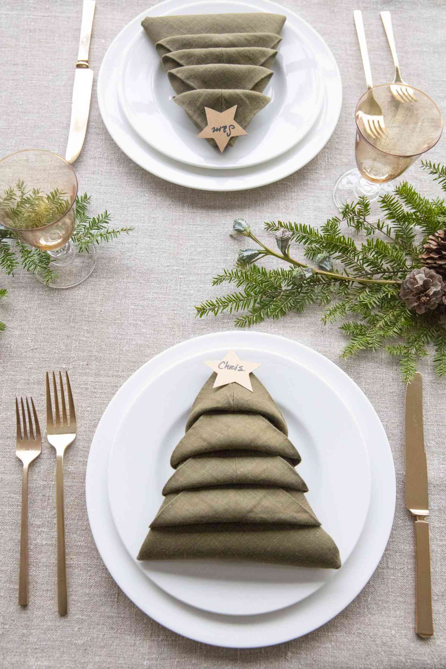 Christmas tree napkin fold table setting with name tags