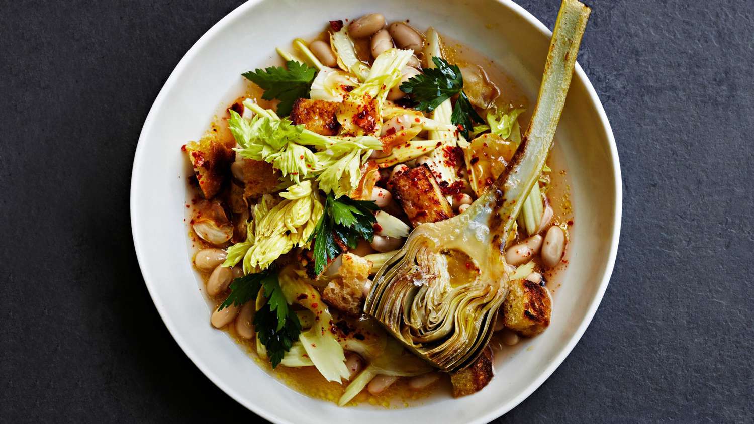 seared artichokes with warm white-bean salad