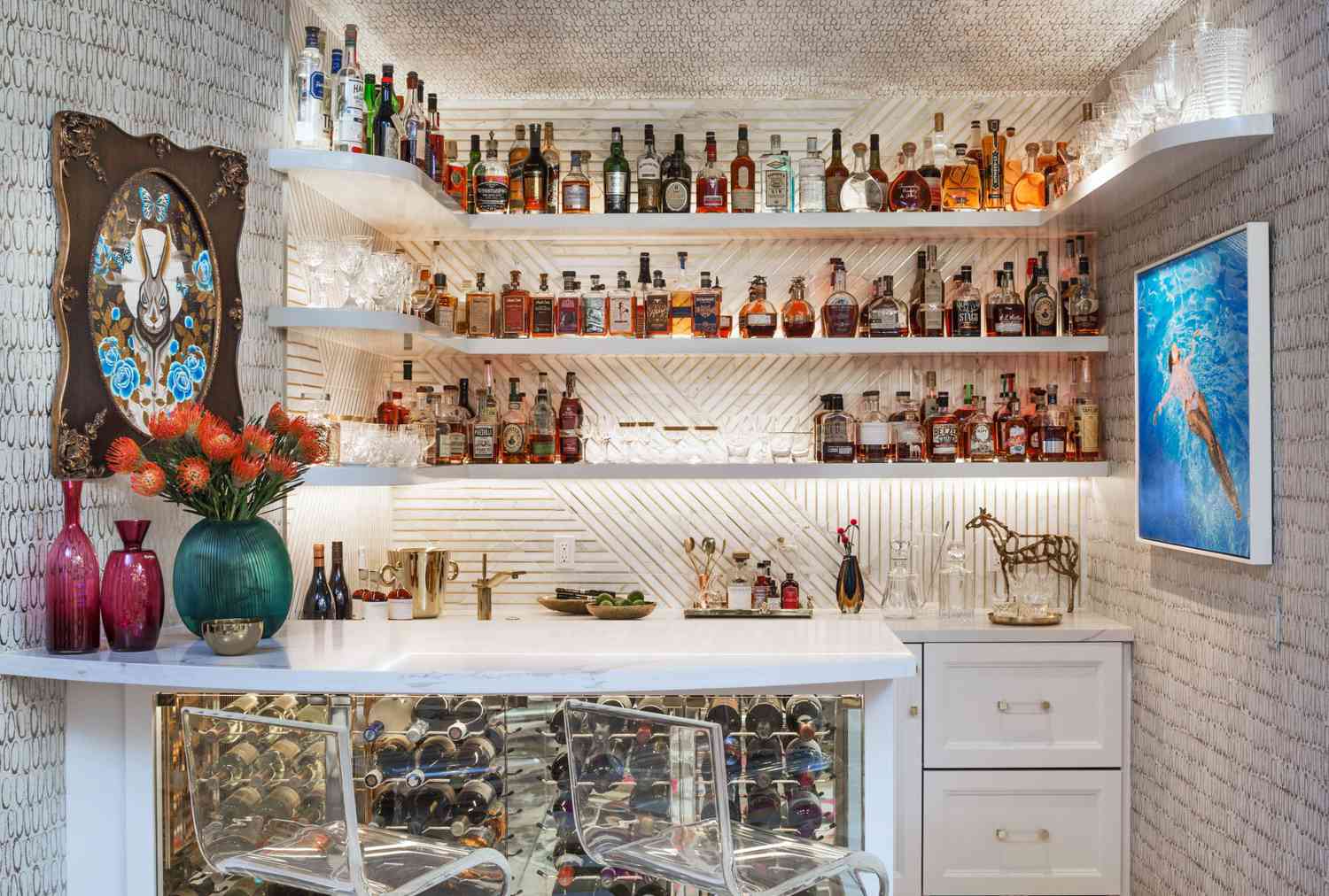 home bar with whiskey wall display