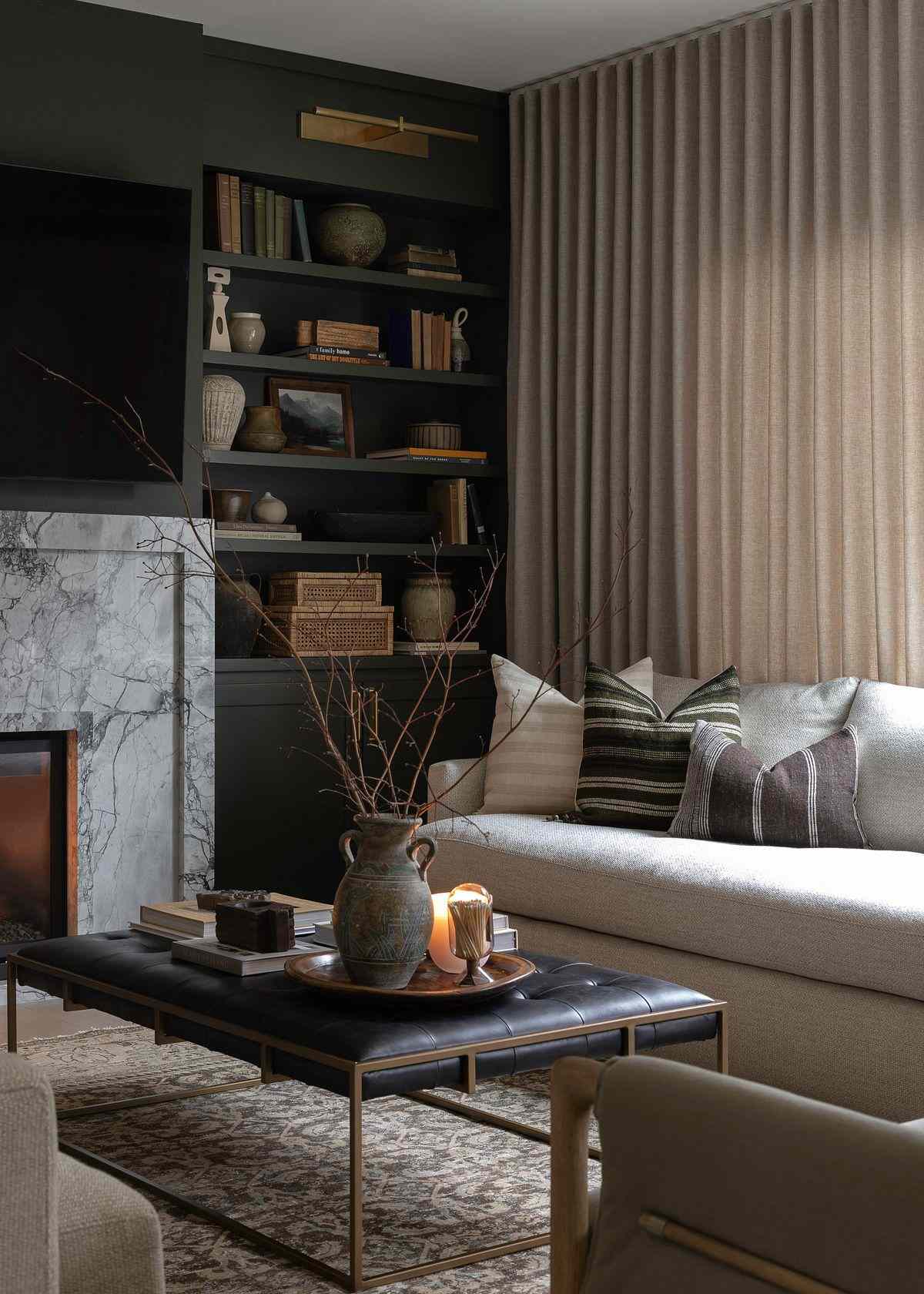 Structured sheer linen curtains in a moody living room