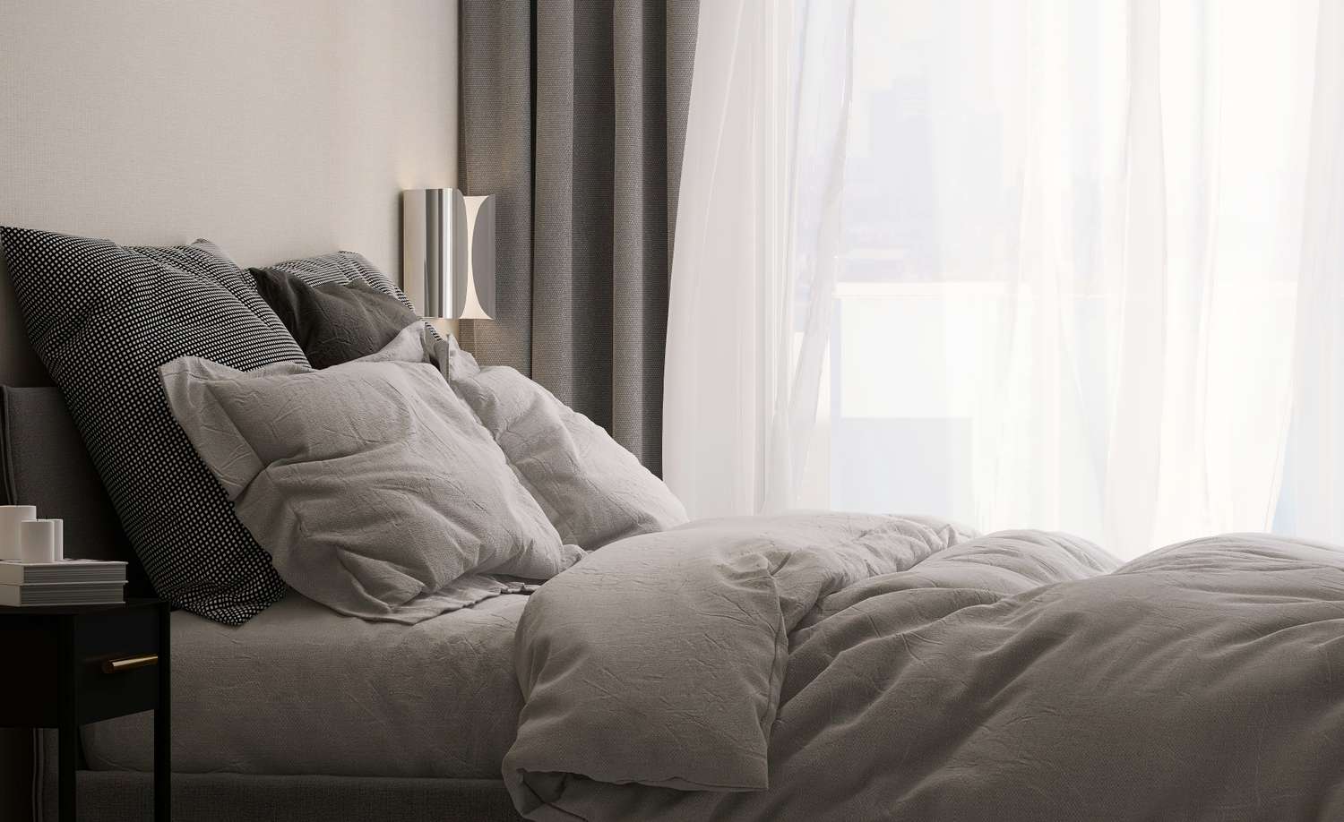 Modern and luxury design bedroom with dark gray bed, bedside table in sunlight from window sheer and blackout curtain for home interior decoration, architecture and design background