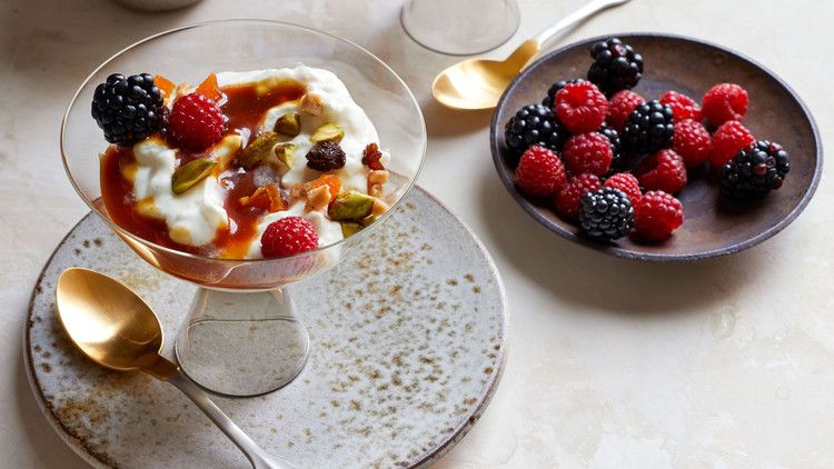 rice pudding with sea-salt caramel sauce and berries