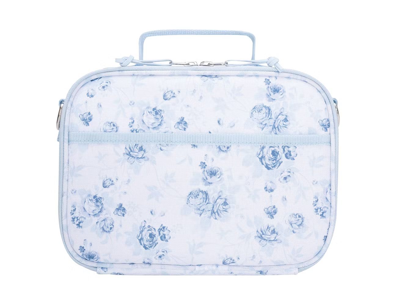 A floralpatterned lunchbox with a handle and zippered closure
