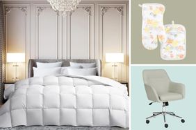 A collage showing a cushioned bedding oven mitts and an office chair