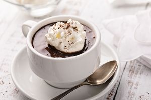 A cup of hot chocolate topped with whipped cream on a saucer with a spoon beside it
