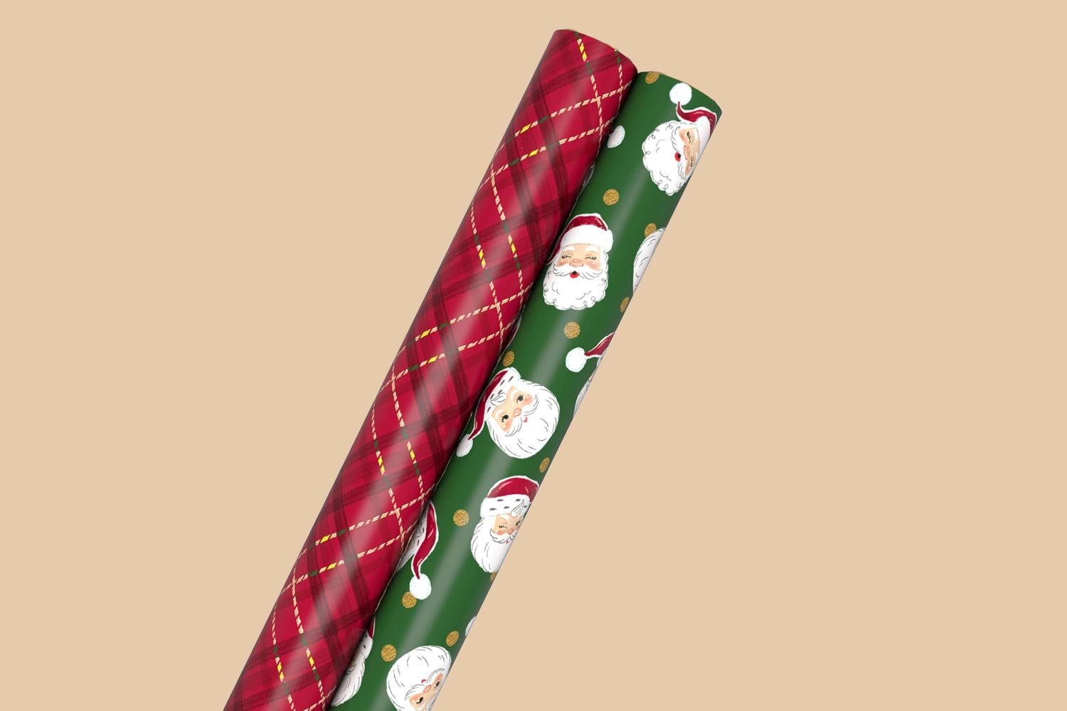 Two rolls of decorative Christmas wrapping paper featuring festive designs