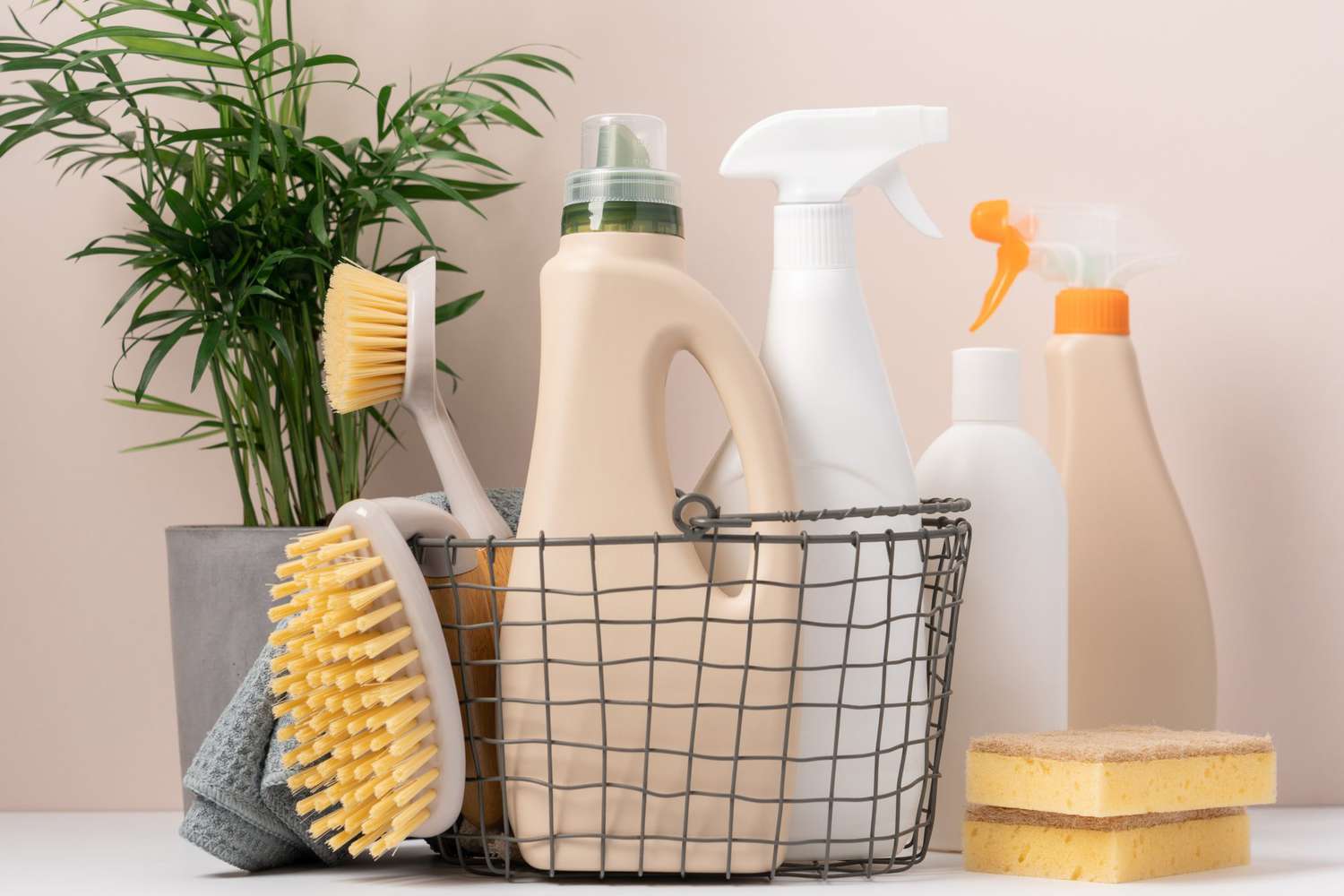 cleaning supplies in basket