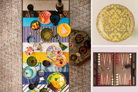An arrangement of decorated tableware a patterned plate and a backgammon set