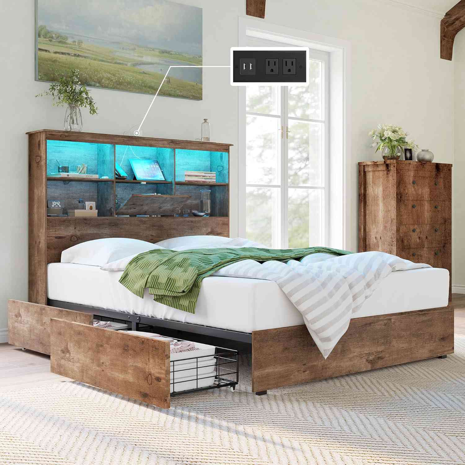 Bed frame with built in outlet