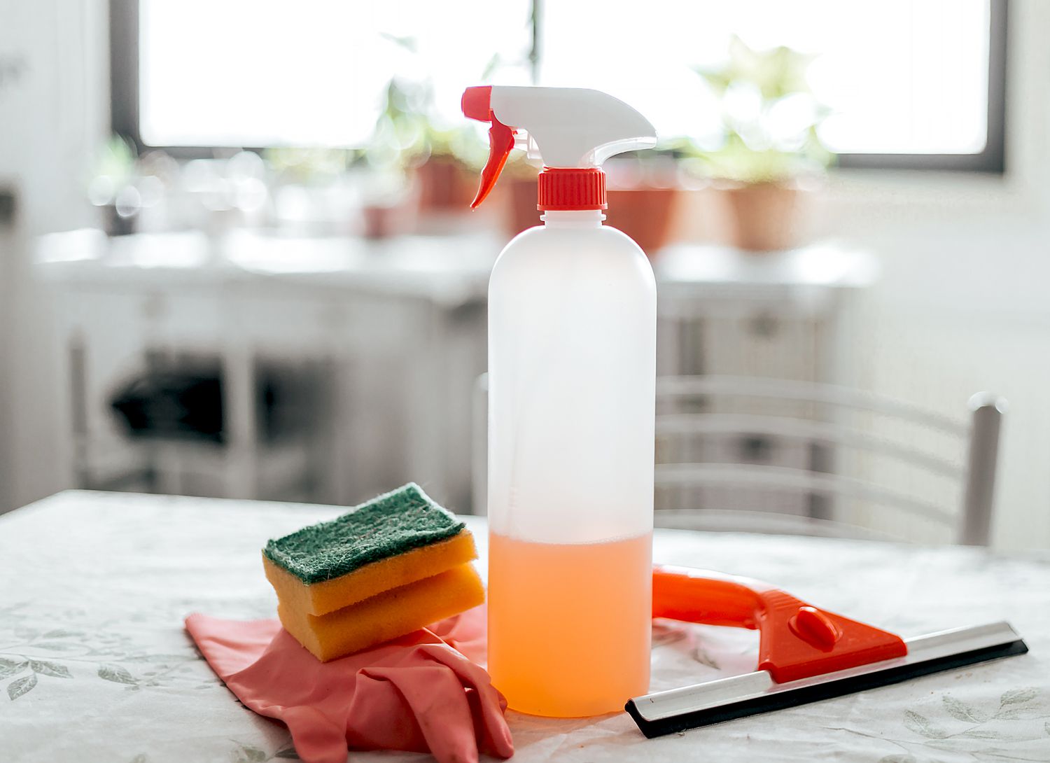 sponges, gloves and cleaning spray bottle on a table in a home