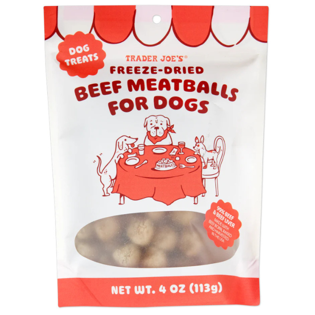 A bag of Trader Joes freezedried beef meatballs for dogs