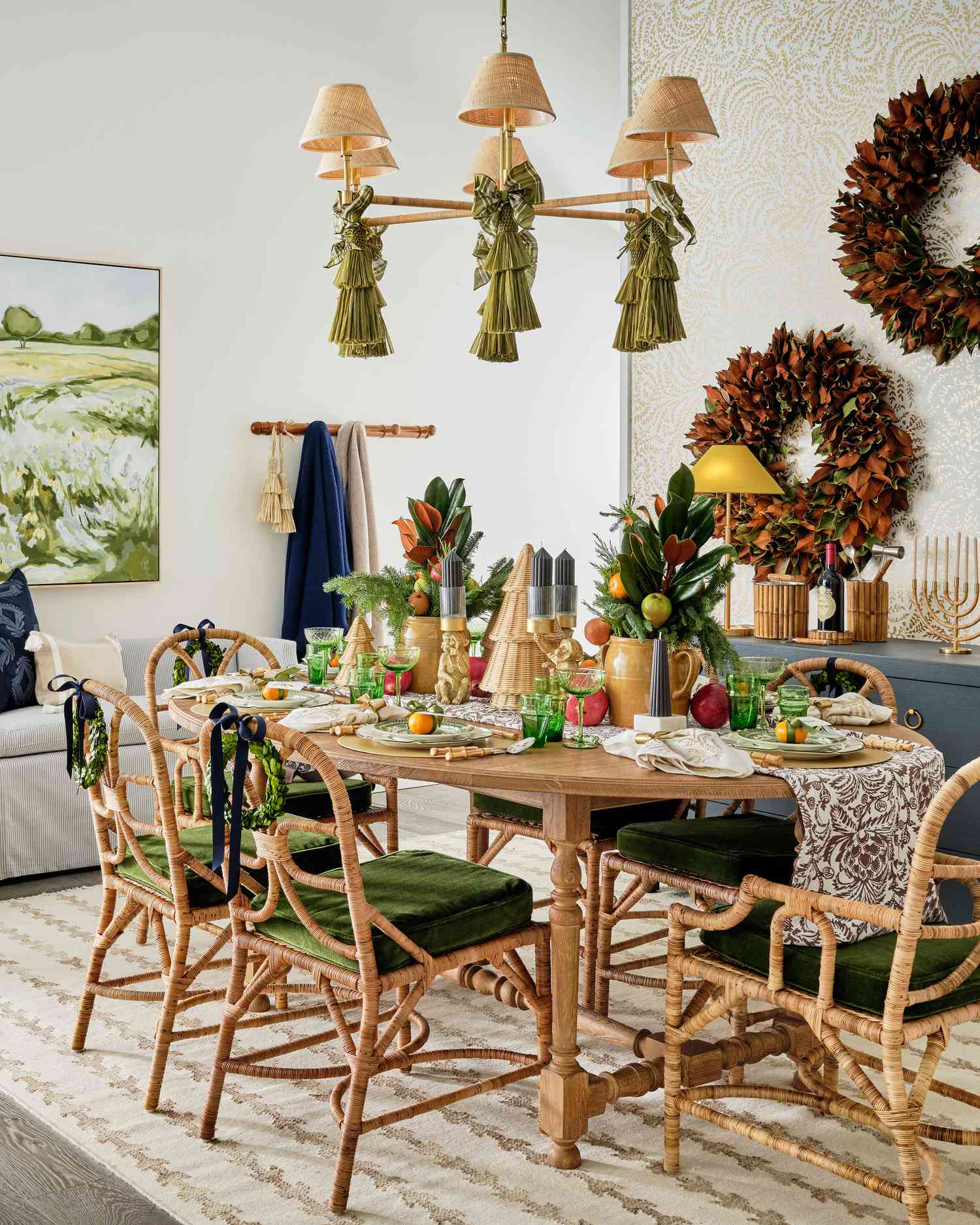 a living room with green bows and patterns