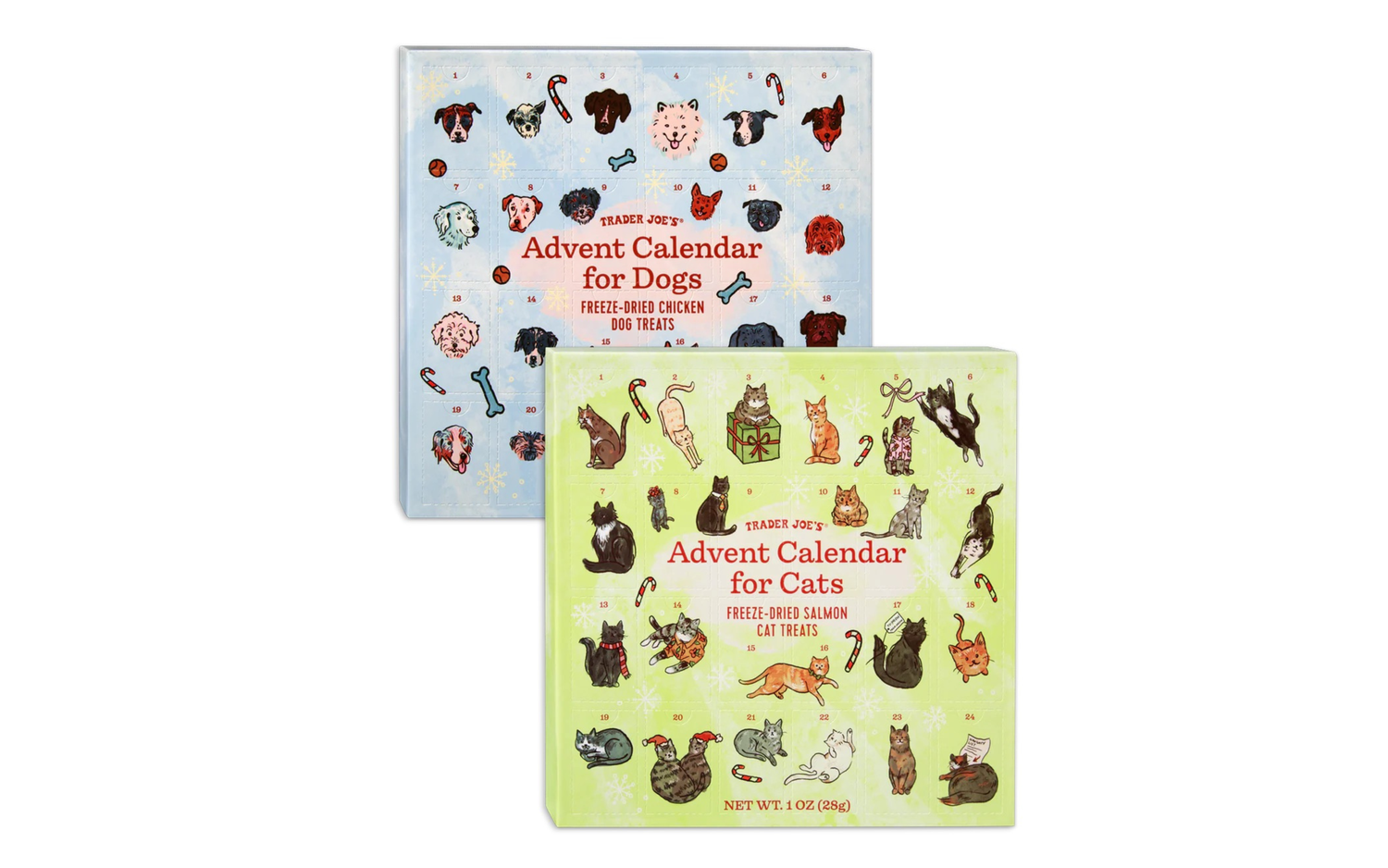 Two advent calendars one for dogs and one for cats featuring illustrations of respective animals and treats