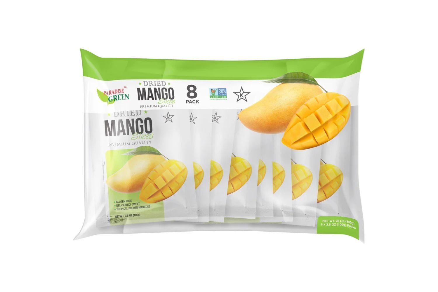 A package of dried mango in individual pouches displayed in a clear pack