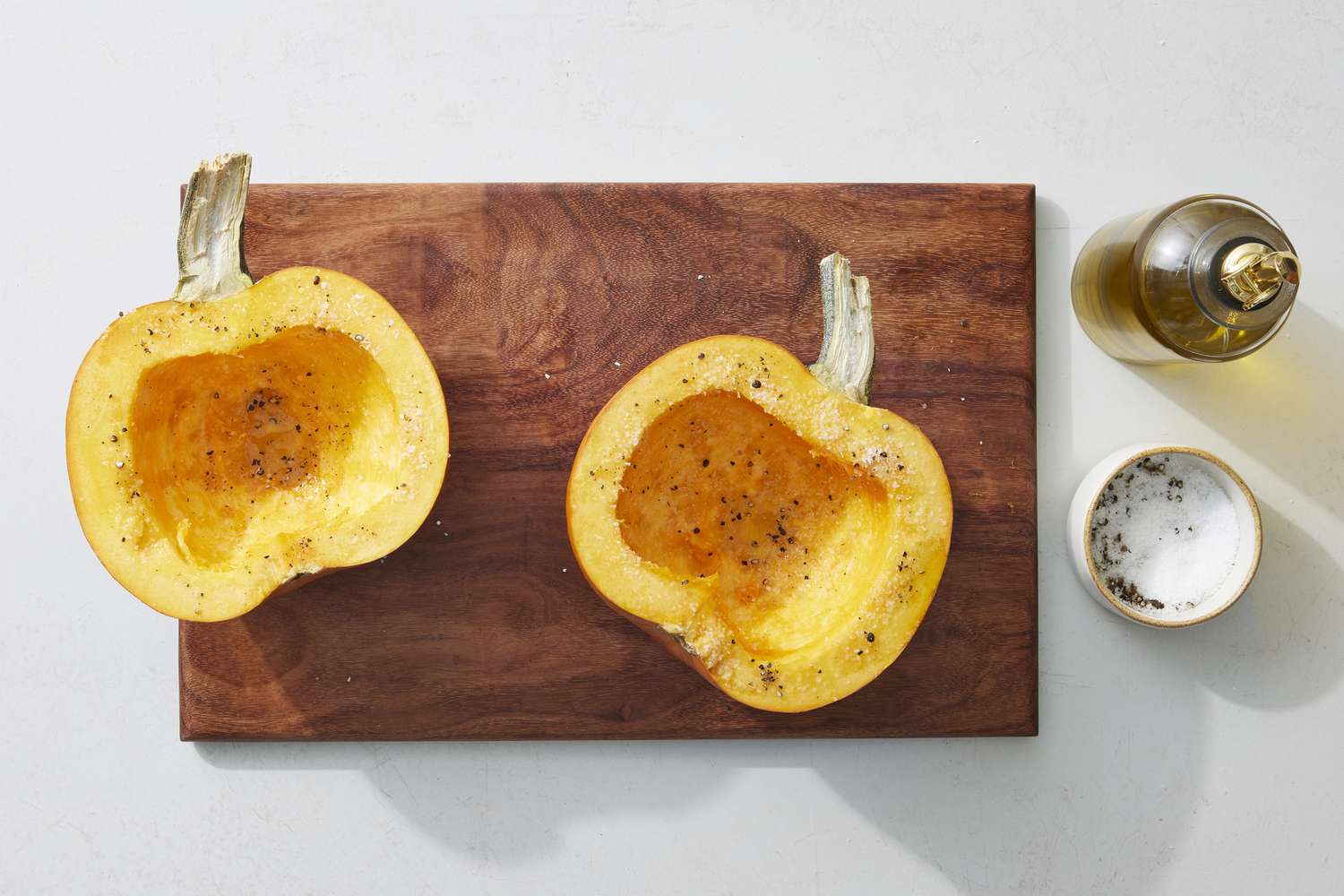 Overhead view of cleaned pumpkin halves