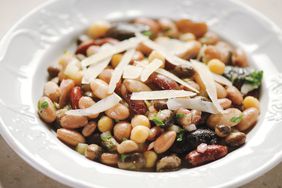 seven bean salad in white bowl