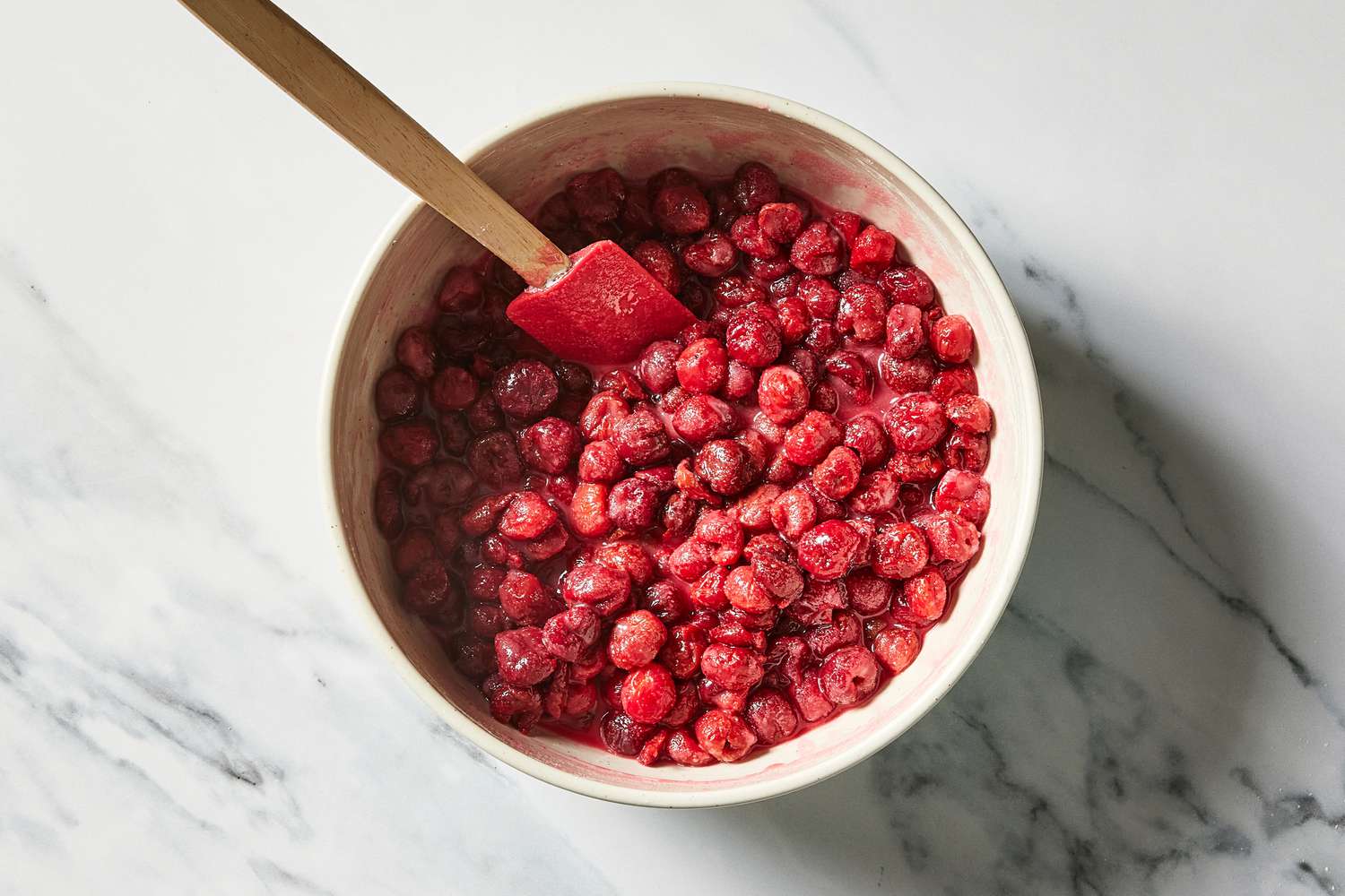 Martha's Sour Cherry Pie cherry mixture in bowl