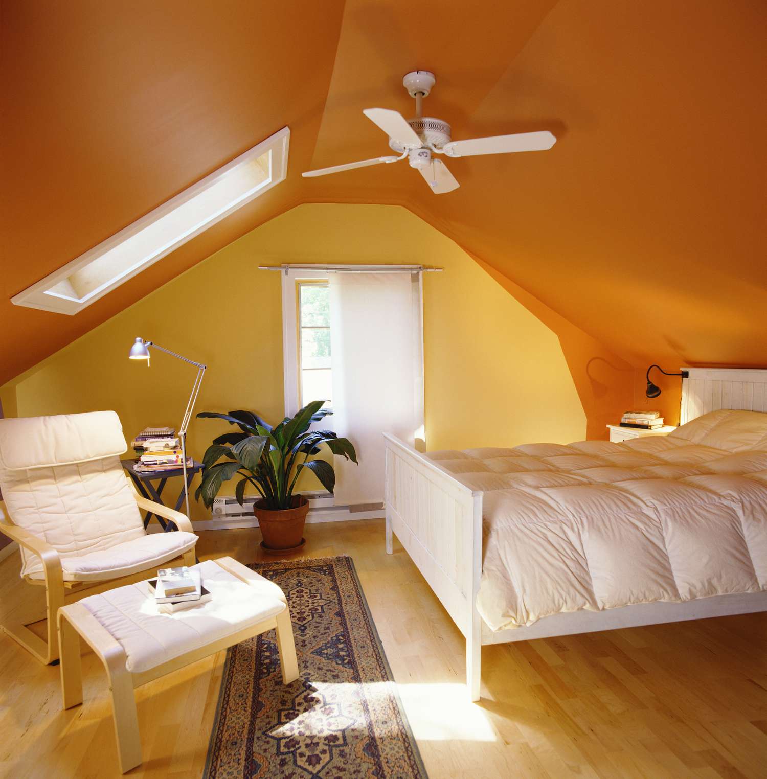 room with orange ceiling