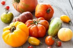 Various heirloom tomatoes on a wood table