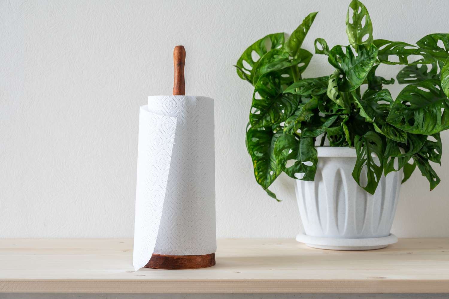 Paper towels on a wooden holder on the table against the white wall and houseplant of monstera.