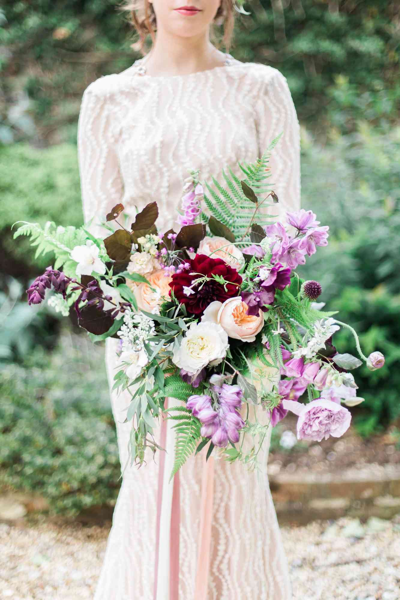 Fern Wedding Bouquet with Garden Roses and Dahlias