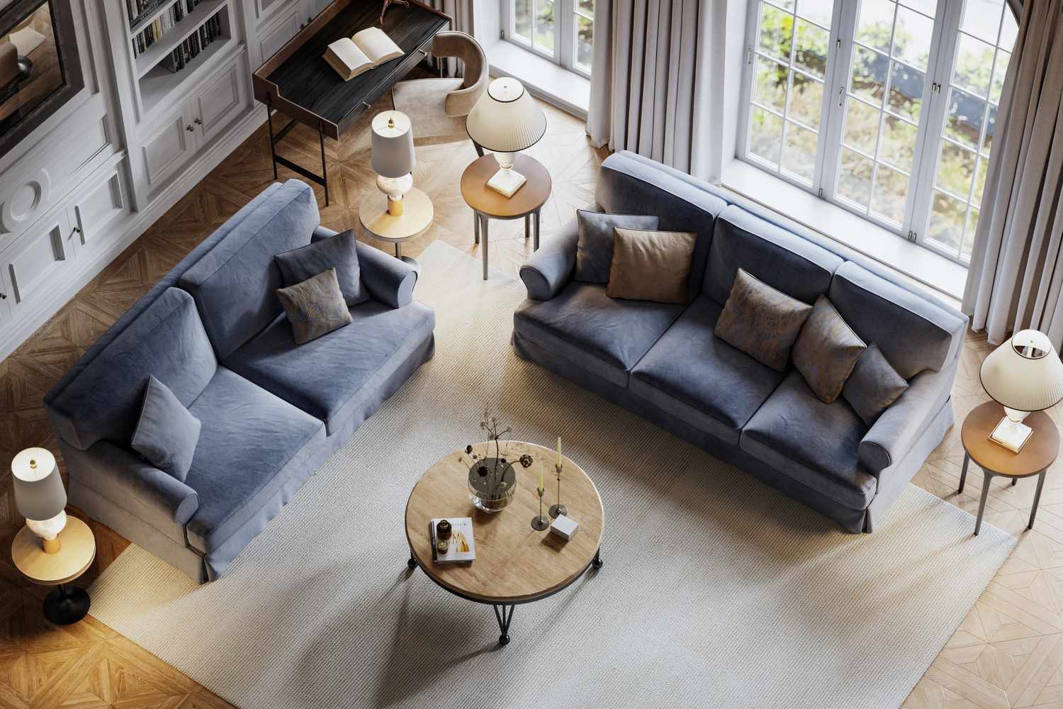 living room with blue couches