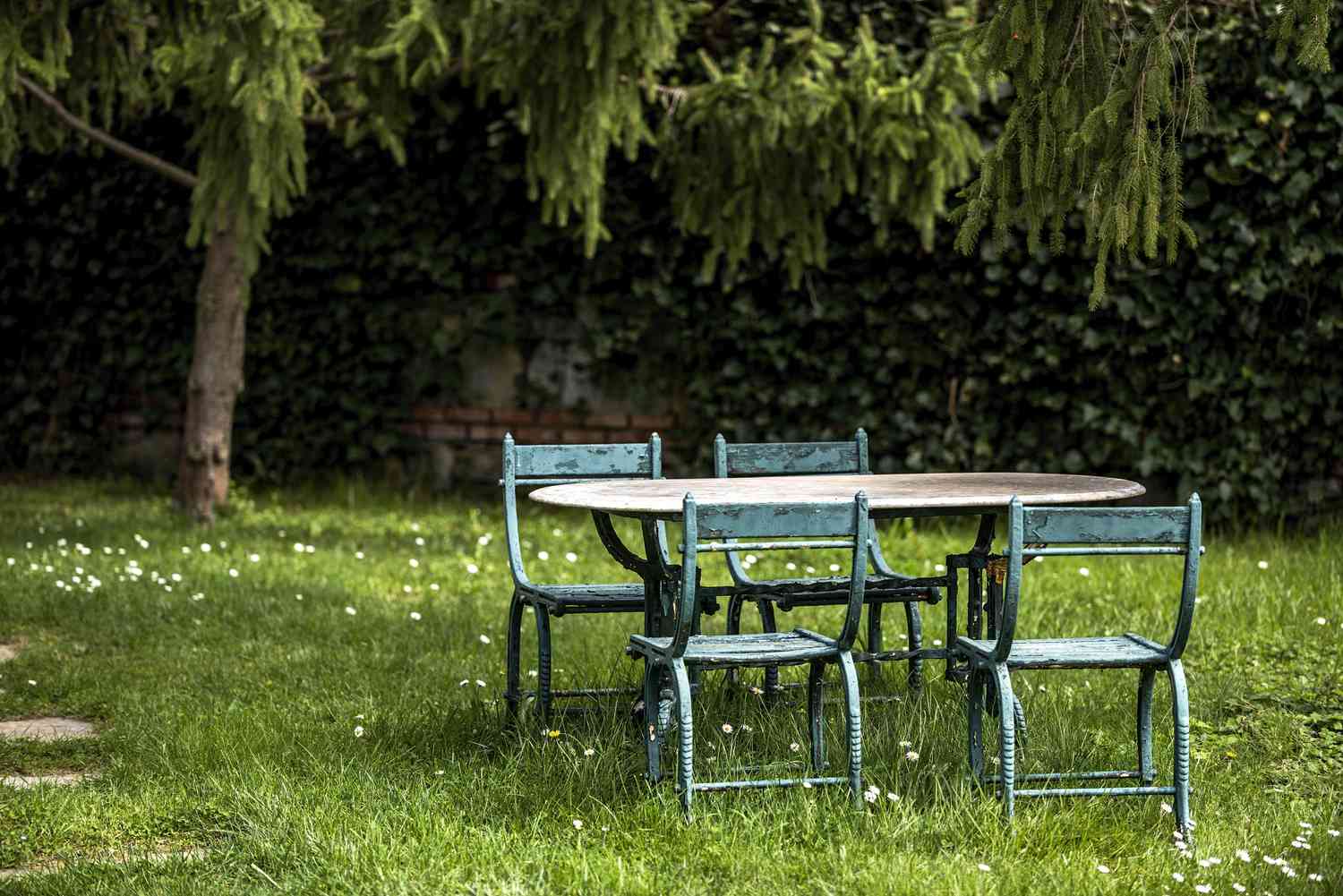 Old iron furniture in garden at springtime