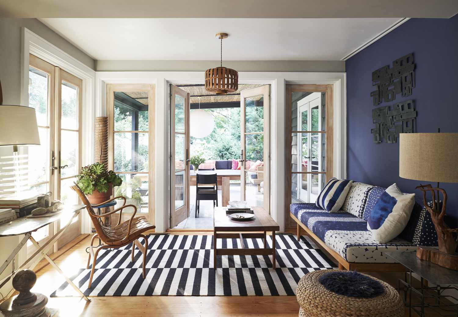 Striped area rug in living room