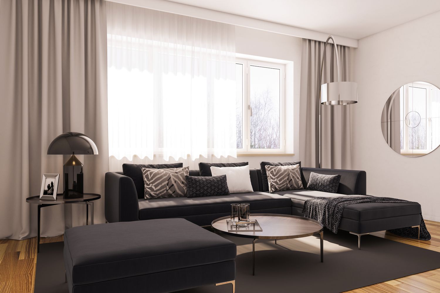 Living room windows with long curtains 