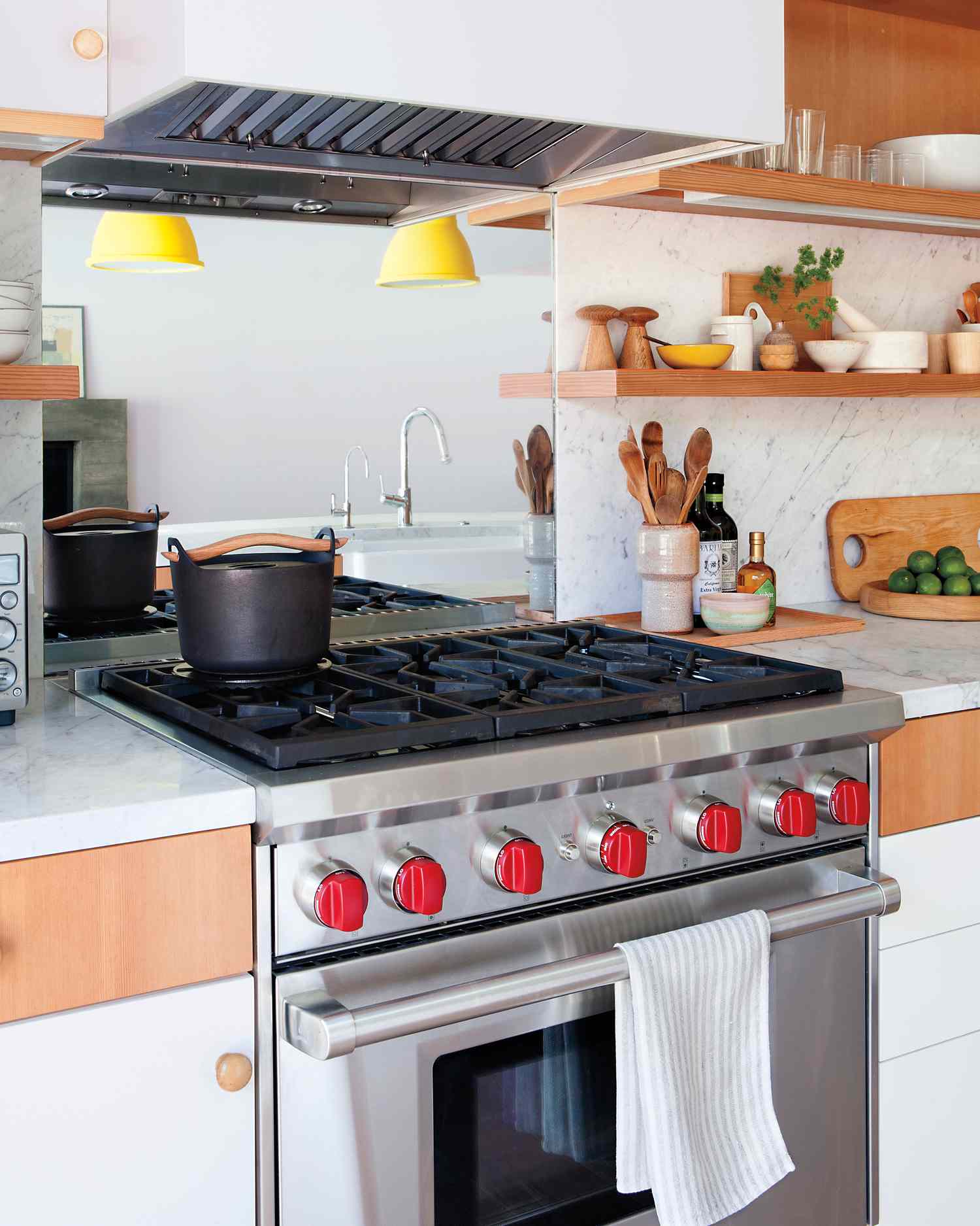 Kitchen with brown shelving