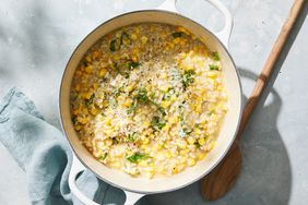 sweet corn-brown rice risotto garnished with basil