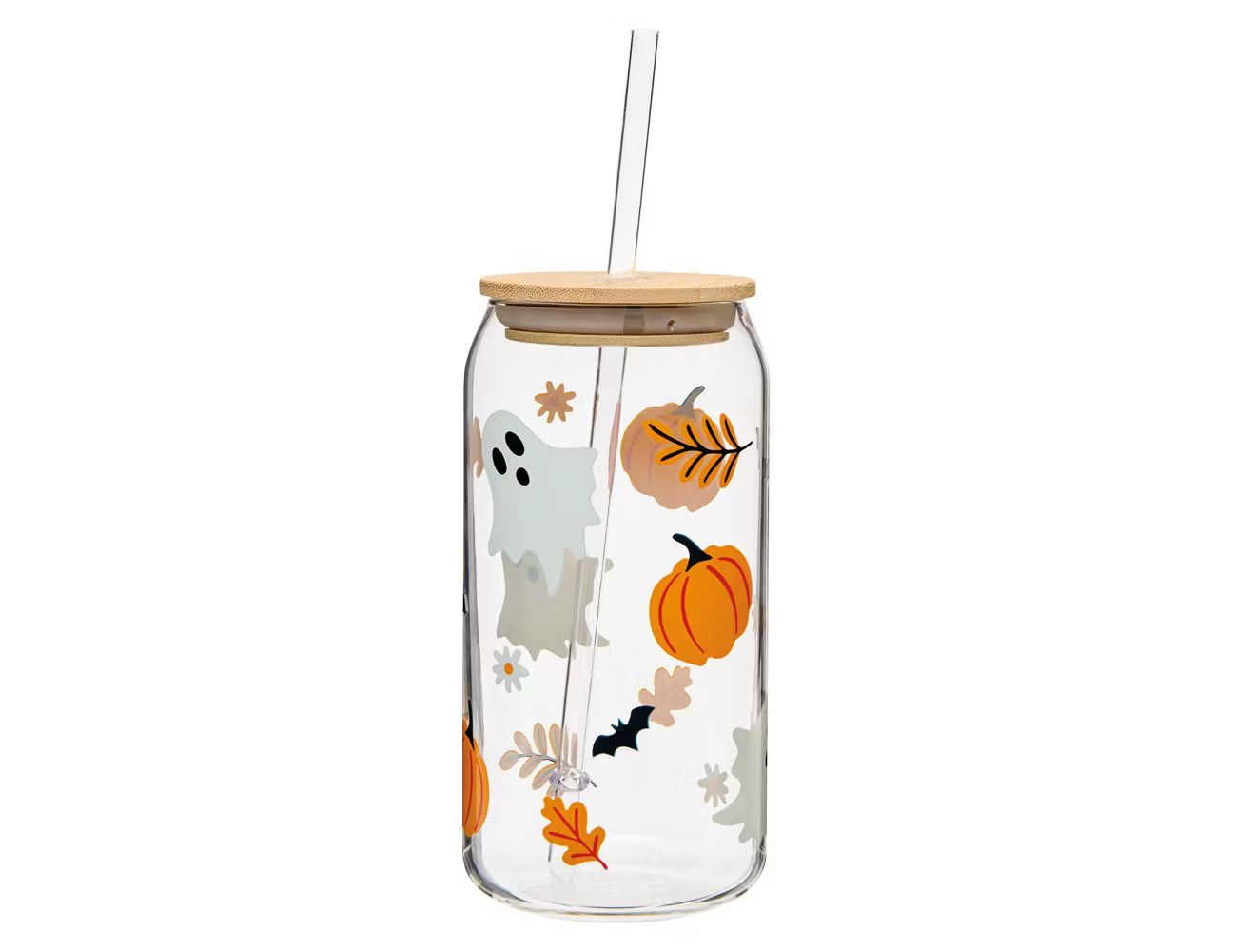 Glass cup with a lid and straw featuring Halloweenthemed decorations such as ghosts pumpkins and leaves