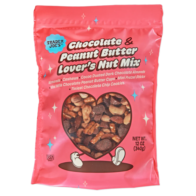A bag of Trader Joes Chocolate Peanut Butter Lovers Nut Mix featuring various chocolate and nut snacks