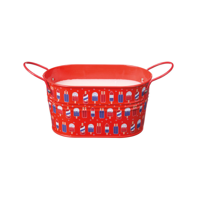 Rectangular metal tub with decorative patterns and side handles