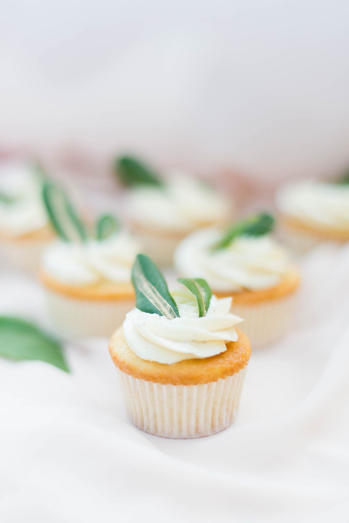 vanilla cupcakes with white frosting and green leaves