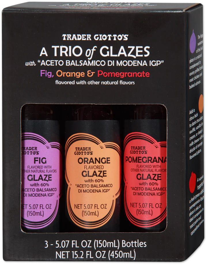 A boxed set of three Trader Giottos glazes fig orange and pomegranate flavored